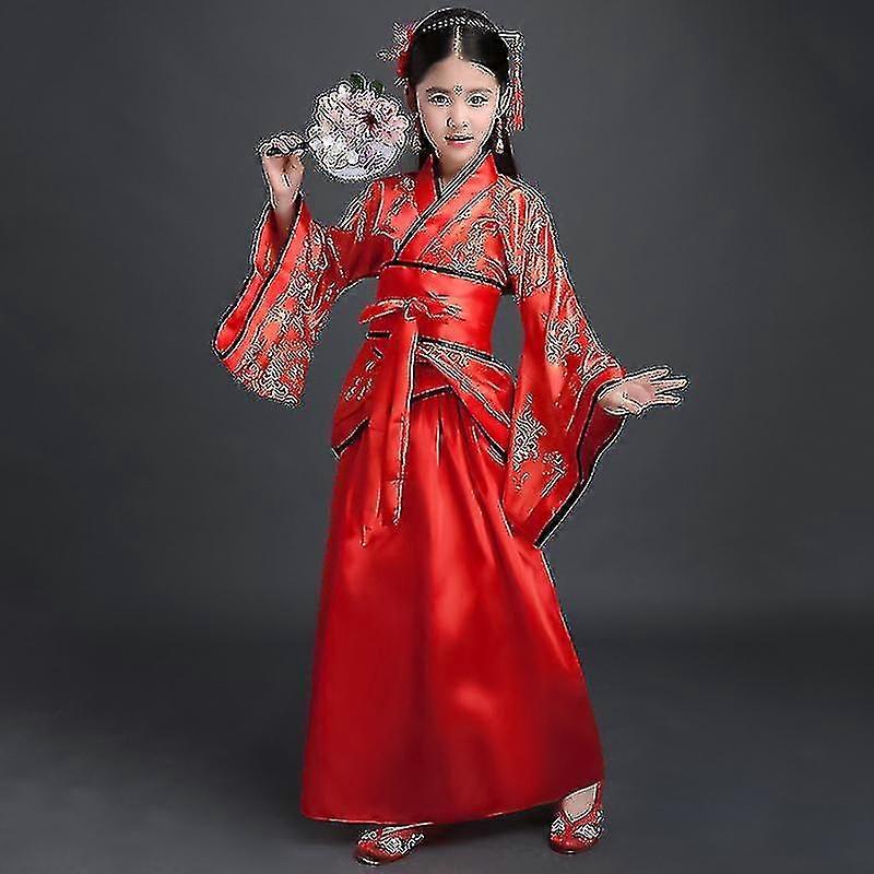 Free Shipping Chinese Silk Robe Costume Girls Children Kimono China  Traditional Vintage Ethnic Fan Students Chorus Dance Costume Hanfu