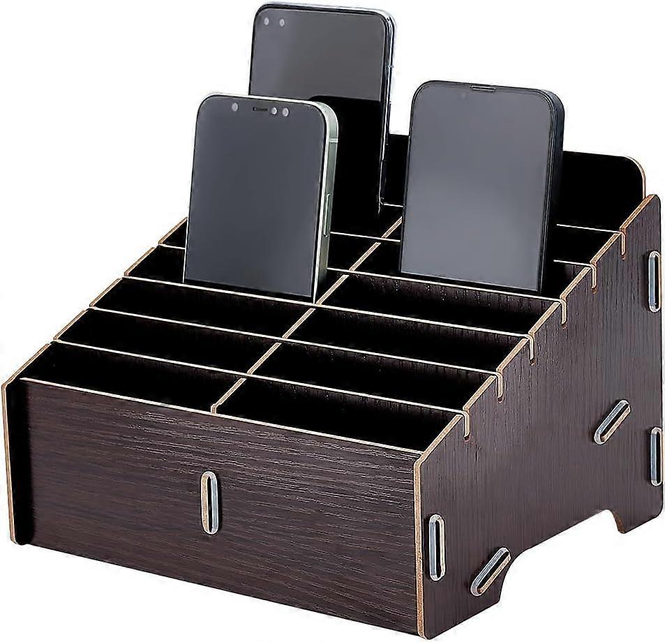 14 Compartment Detachable Wooden Mobile Phone Storage Box Coconut Brown Mobile Phone Storage Box Multi-Compartment Organizer for Office Desktop Storag
