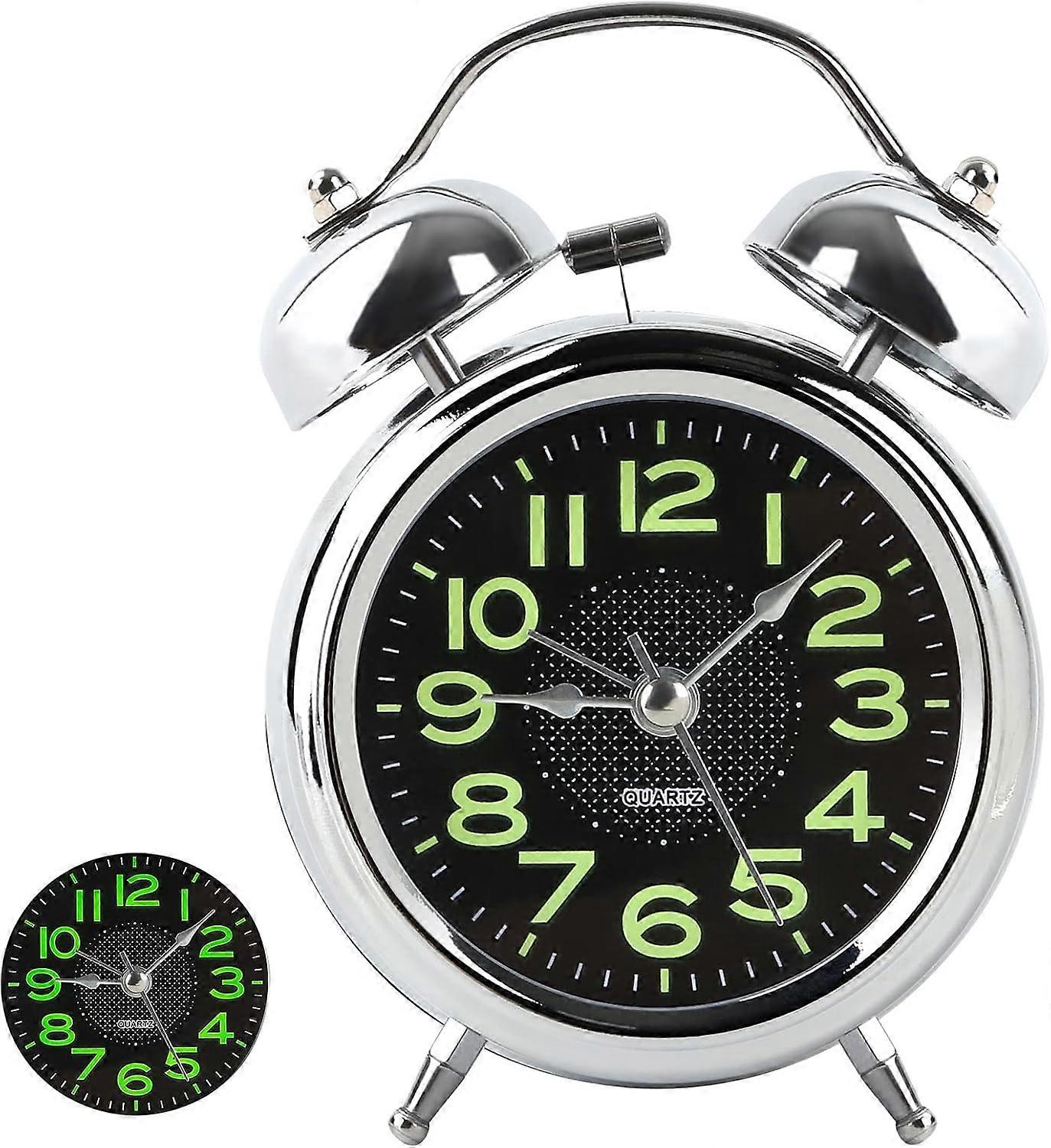 Twin Bell Retro Alarm Clock Silent Non-Ticking Bedside Alarm Clock With Nightlight Desk Clock(4", Battery Operated-Silver)