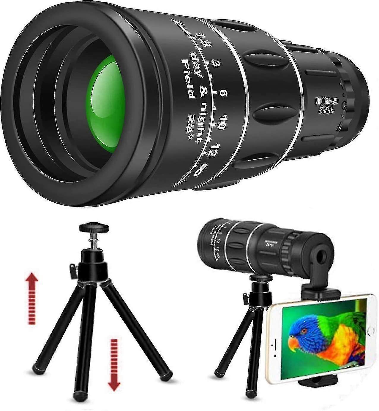 Monocular Telescope, 16x52 Hd Monocular With Holder &tripod For Smartphone,clear Bak4 Prism Lens Dual Focus Optics For Hiking, Hunting, Camping, Bird