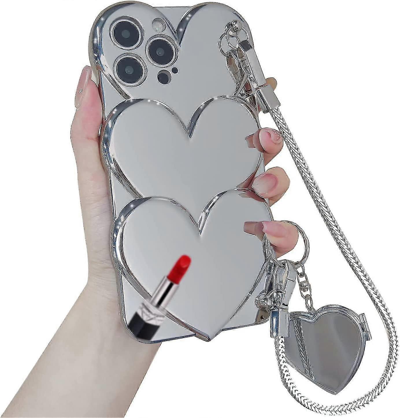 3d Heart Case Compatible With Iphone 14 Pro Max/14 Pro/14 Plus/14, Luxury Plating Soft Tpu Cover With Chain And Love Mirror