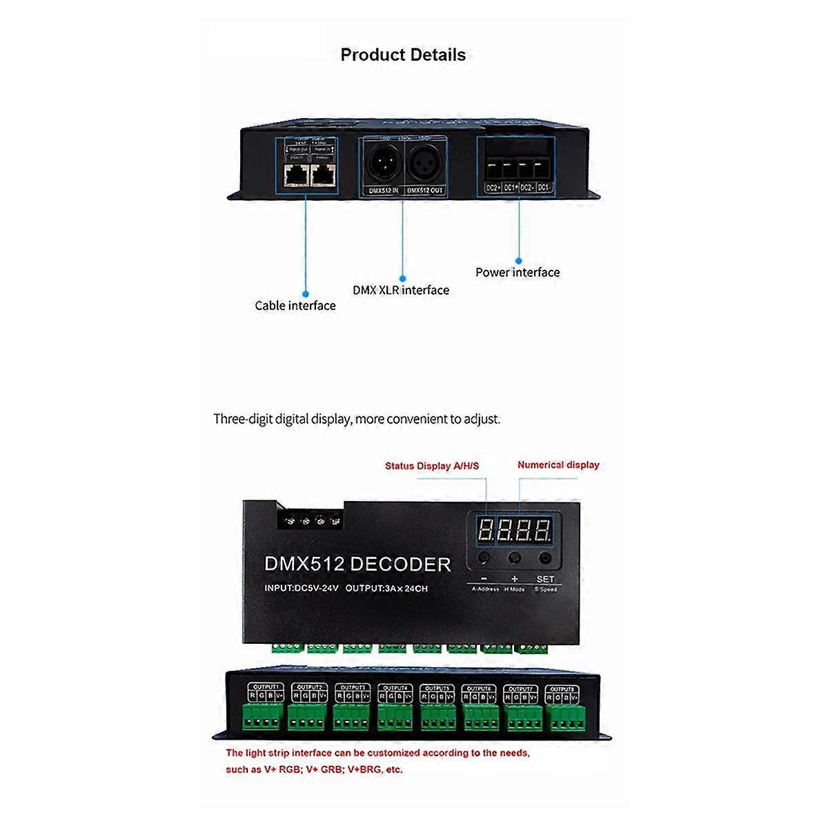 Digital 24CH RGB RGBW DMX512 Decoder, RGBW 512 Decoder DMX 512 Controller for LED Strip (A)