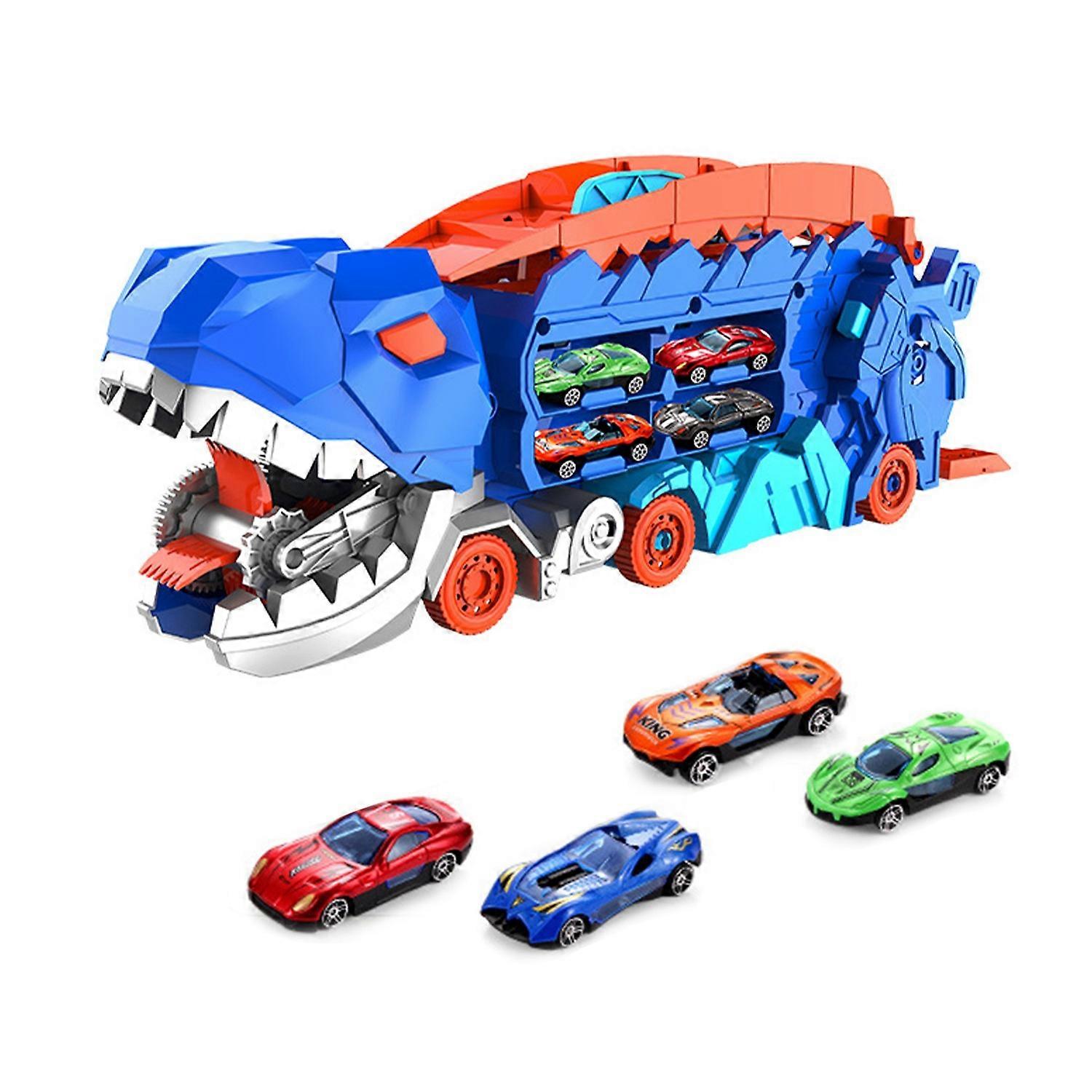 1 Set Dinosaur Swallow Truck Toy with Small Alloy Car Foldable Track Portable Handle Inertial Drive