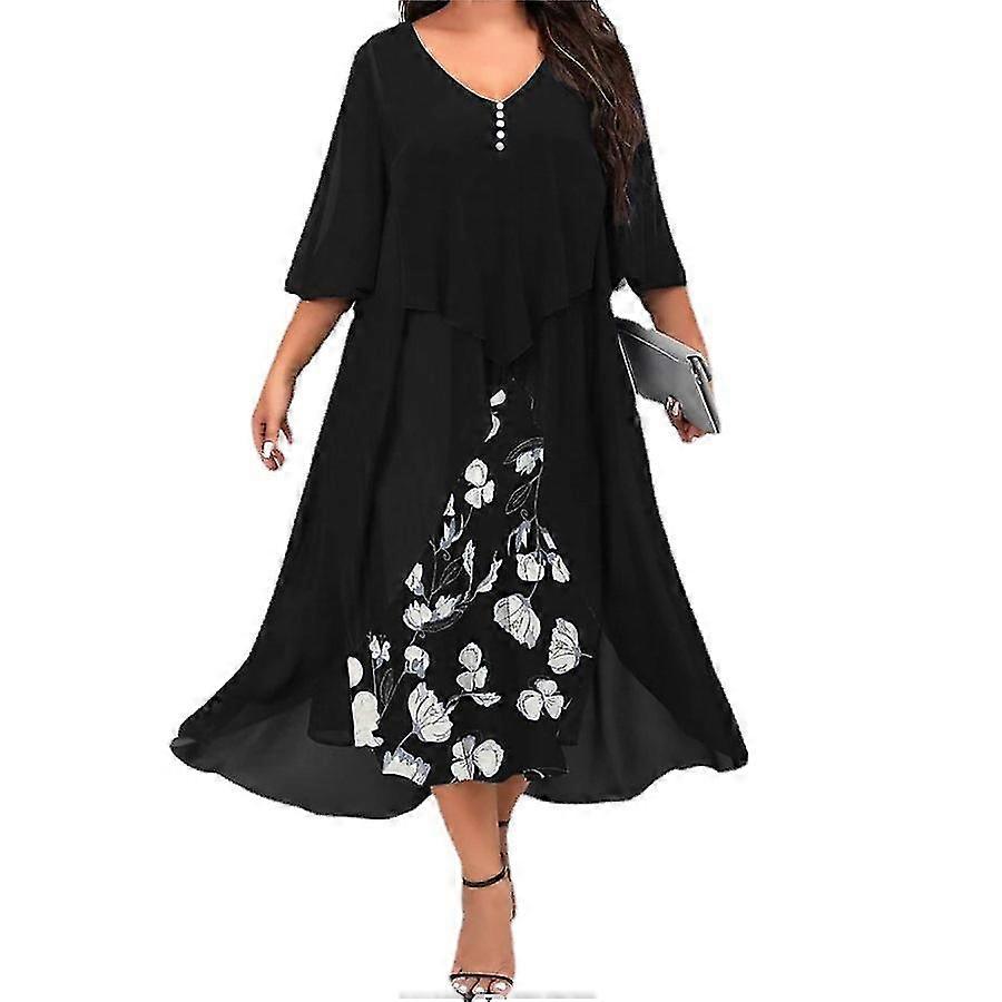 Frauen plus Gre Kurve Arbeitskleid Blumen V-Ausschnitt geraffte 3/4 rmel Frhling Herbst Arbeit elegantes Midikleid formelles Urlaubskleid / Lagen / Dr