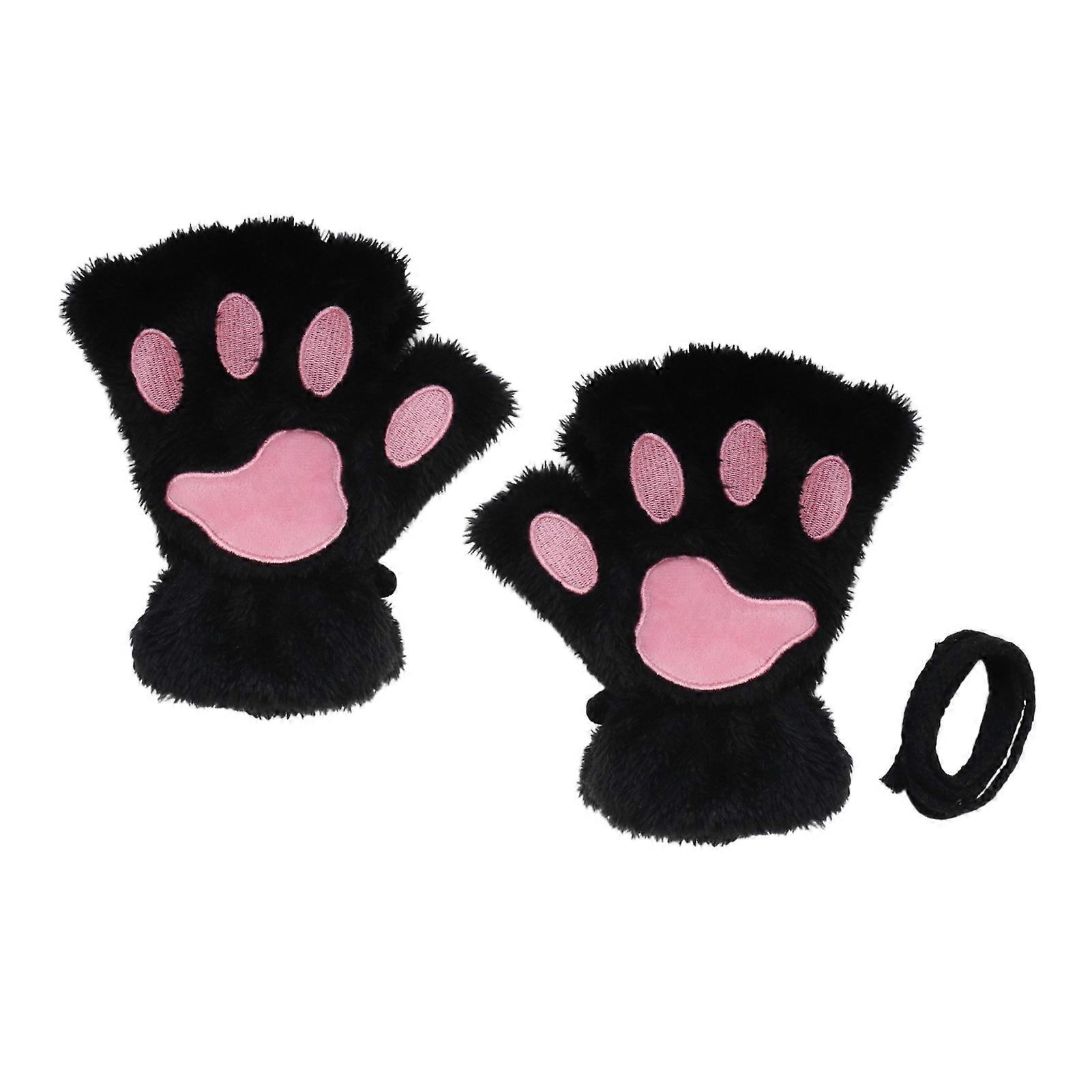 1 Pair Women Winter Gloves Half-finger Cat Paw Shape Thick Plush Elastic Warm Heat Retention Non-slip Windproof Wrist Protection Cycling Riding Mitten