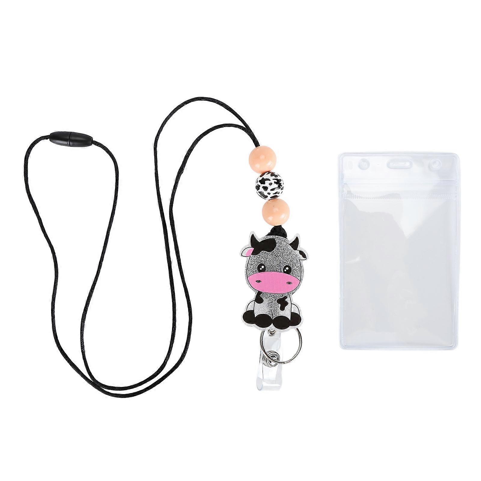 Badge Holder with Lanyard Cartoon Beaded Design Adjustable Nylon Cord Bus Card Holder for Office School Business Type B