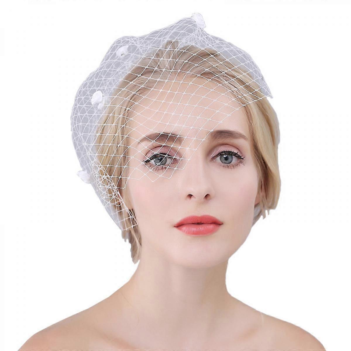 Weding Birdcage Veil with Boboy Pins White Bridal Veil Bandeau veil for Bride(C)