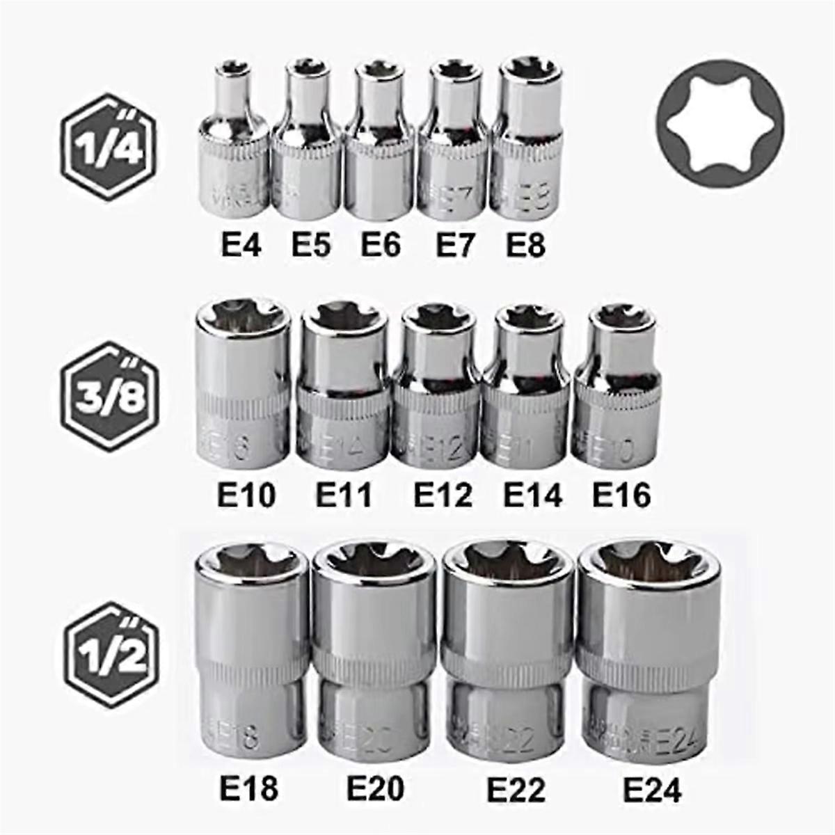 14stk kvindelige E Star Torx Socket Sæt E4-E24 E-Torx Ekstern Hex Socket Indsats Møtrik