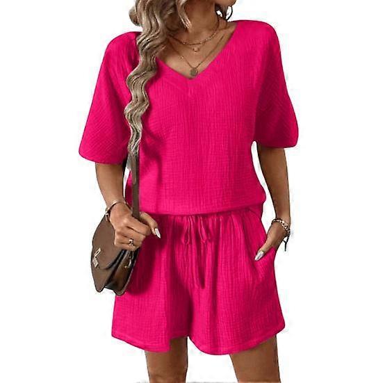 V-Neck Short Sleeve T-shirt Elastic Waist Drawstring Wide Leg Shorts Set Solid Color Wrinkle Fabric Outfit
