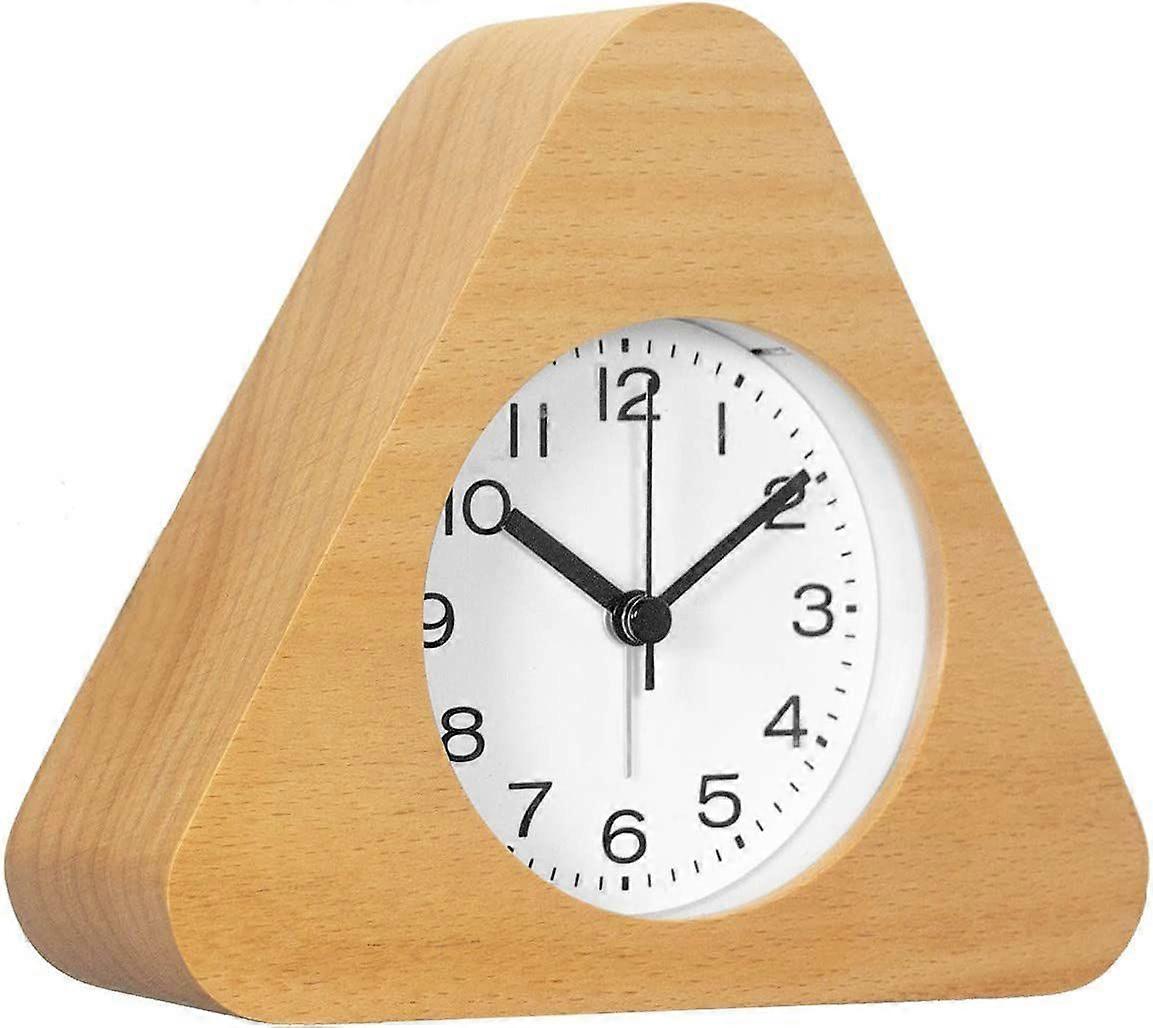 3-Inches Triangle Wooden Alarm Clock with Arabic Numerals, Non-Ticking Silent, Backlight, Battery Operated, Nature