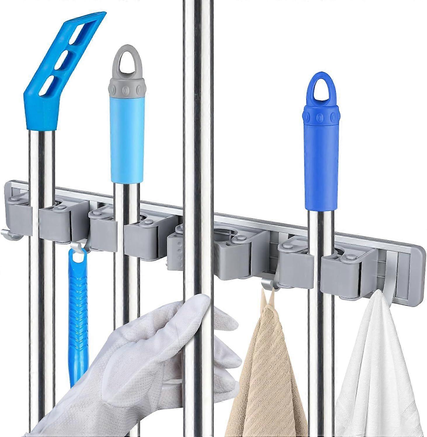 حامل مكنسة مثبت على الحائط ، حامل ممسحة مثبت على الحائط وحامل مكنسة مع 4 فتحات و 5 حامل خطافات للمنزل والمطبخ والمرآب والحديقة