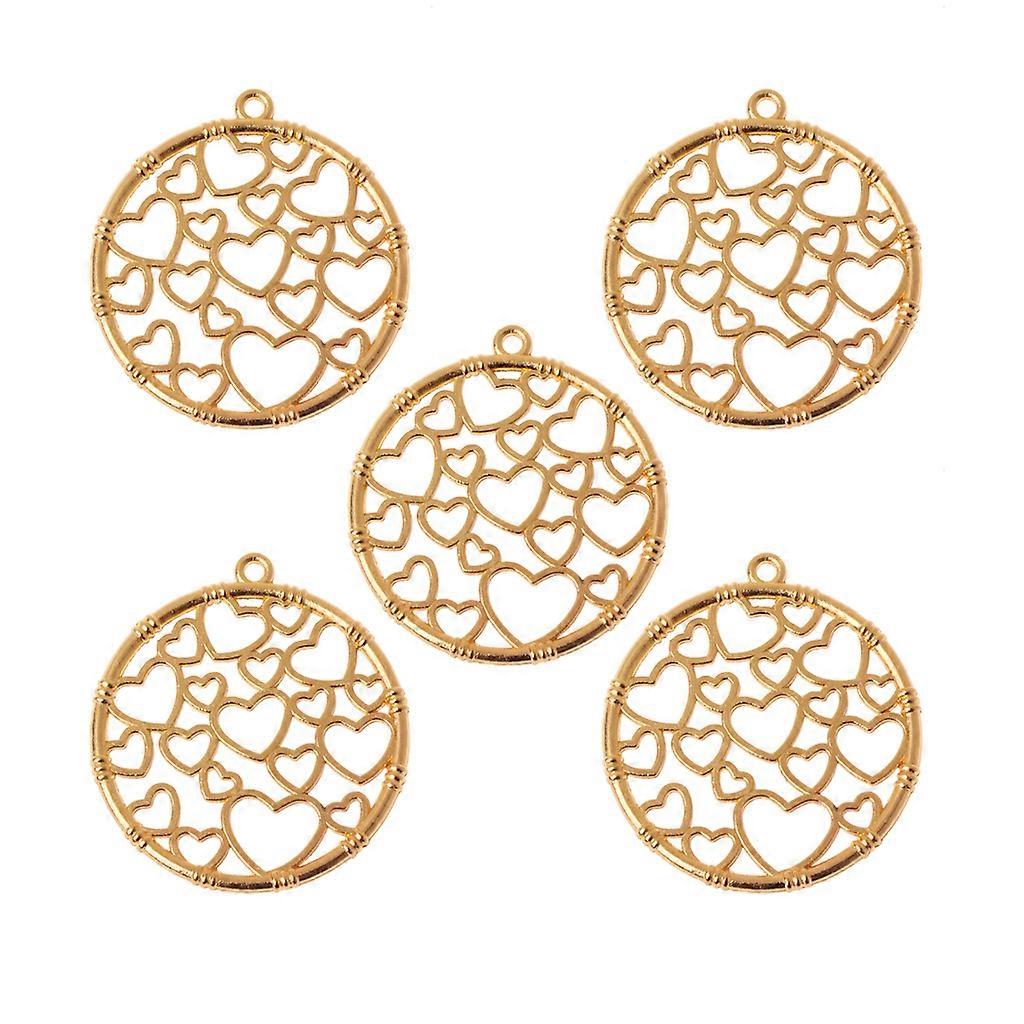 5 Pieces/Set Round Heart Metal Frame with Loop Bezel Setting UV Resin Blank Pendant for DIY Arts Crafts Jewelry Making  Gold