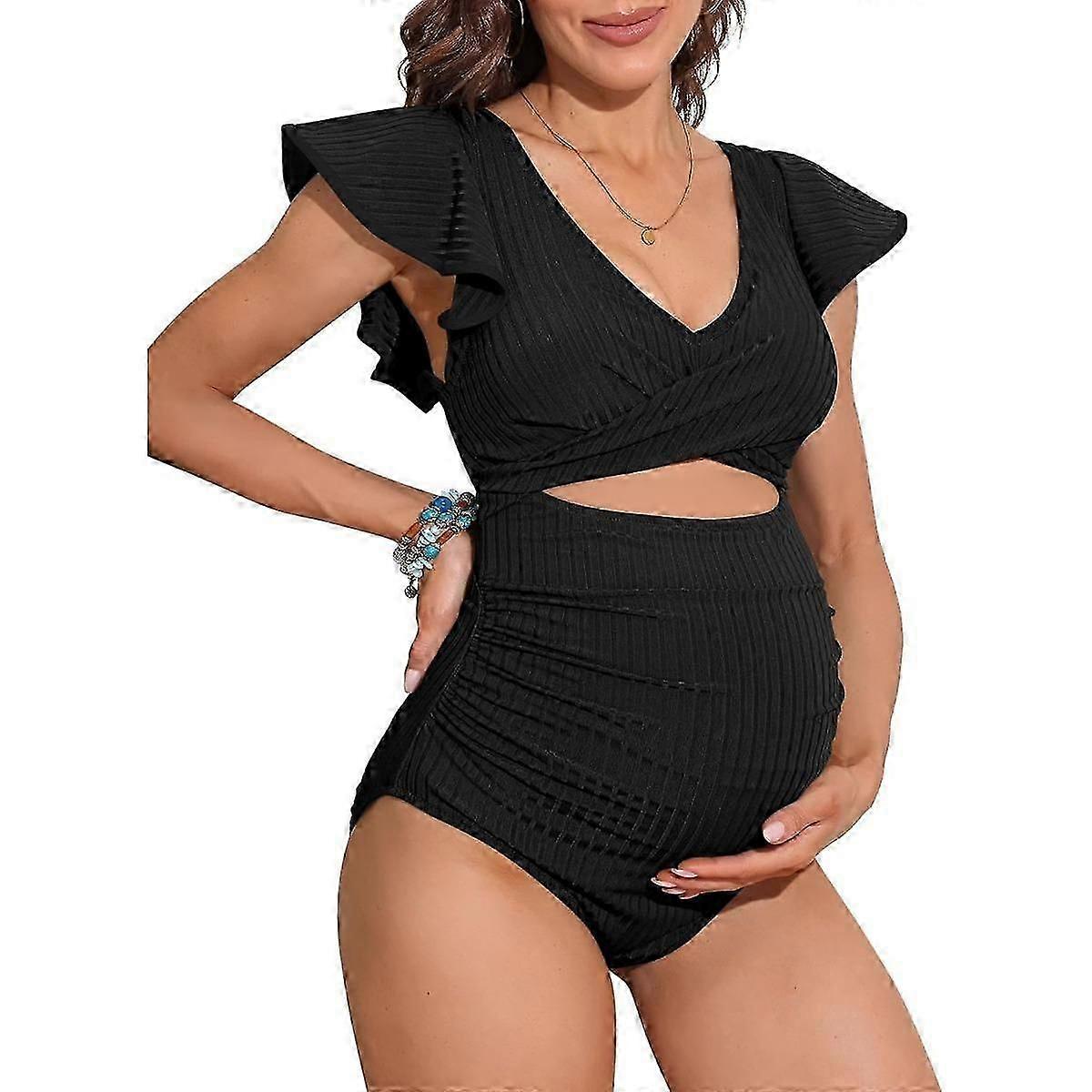 Charmleaks Hamile Mayo Nervürlü Tek Parça Fırfır Kollu Mayo Ruched Cut-Out Kravat Düğüm Hamilelik Mayo