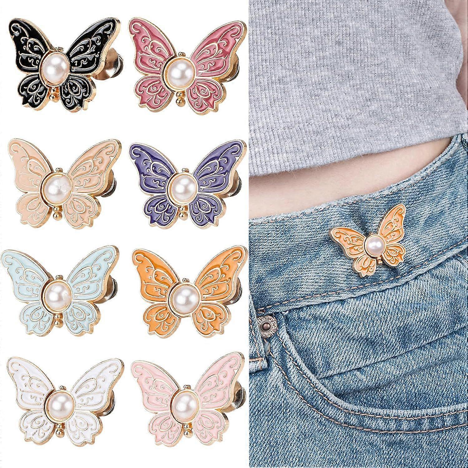 8 Sets Pant Waist Tightener, Detachable Butterfly Jean Buttons Pant Waist Tightener for Loose Jeans, Adjustable Waist Buckle Sets No Sew and No Tools