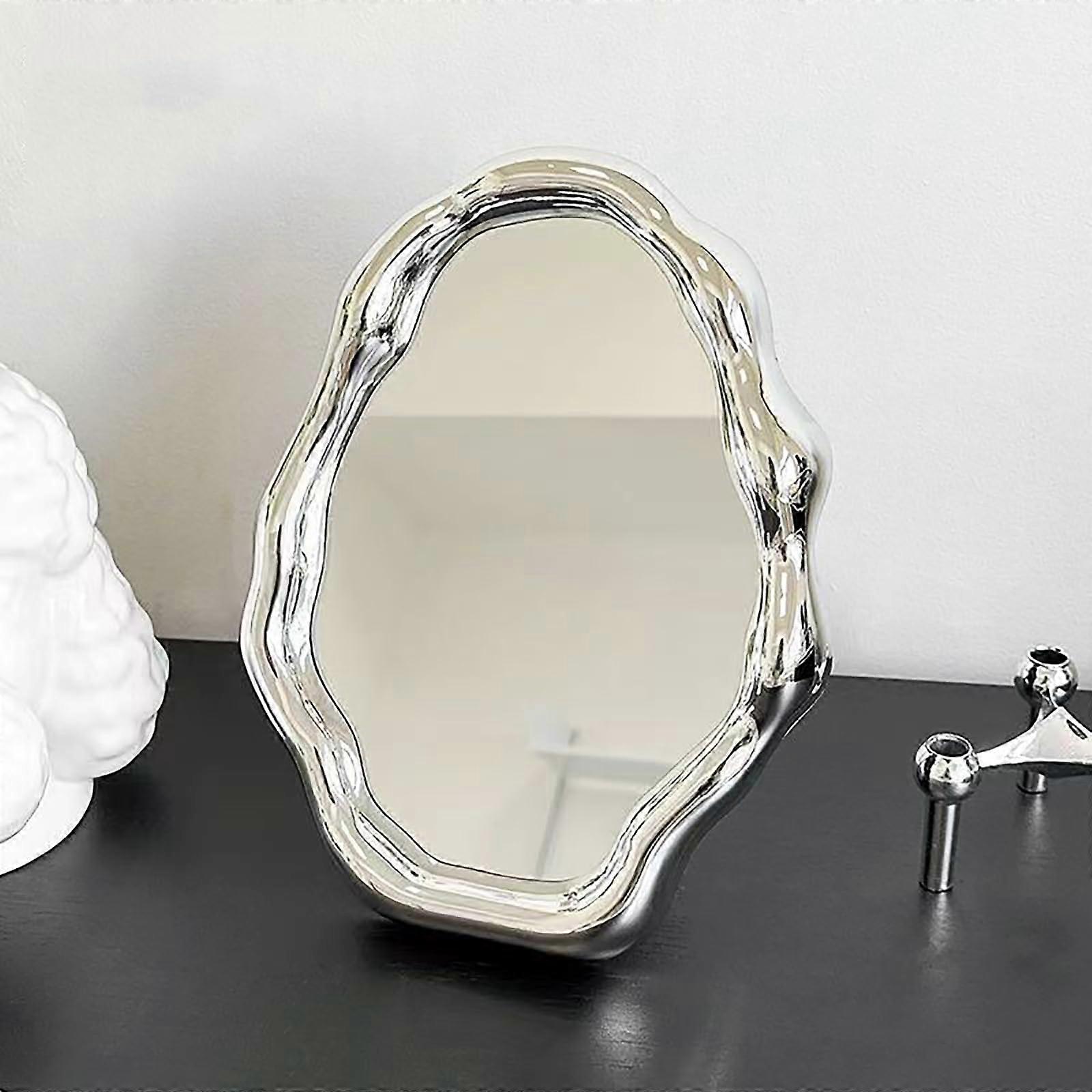 Irregular Vanity Mirror Makeup Mirror 27x20 cm Asymmetric Round Desktop Cream Folding Mirror for Office Decor