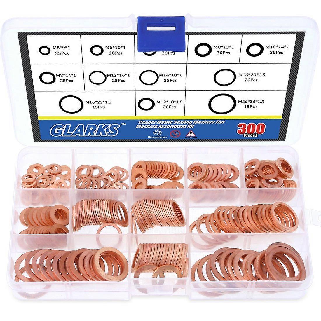 300PCS Metric Copper Sealing Washers Set, 12 Size Straight Ring Washers for Plumbing and Mechanical Applications
