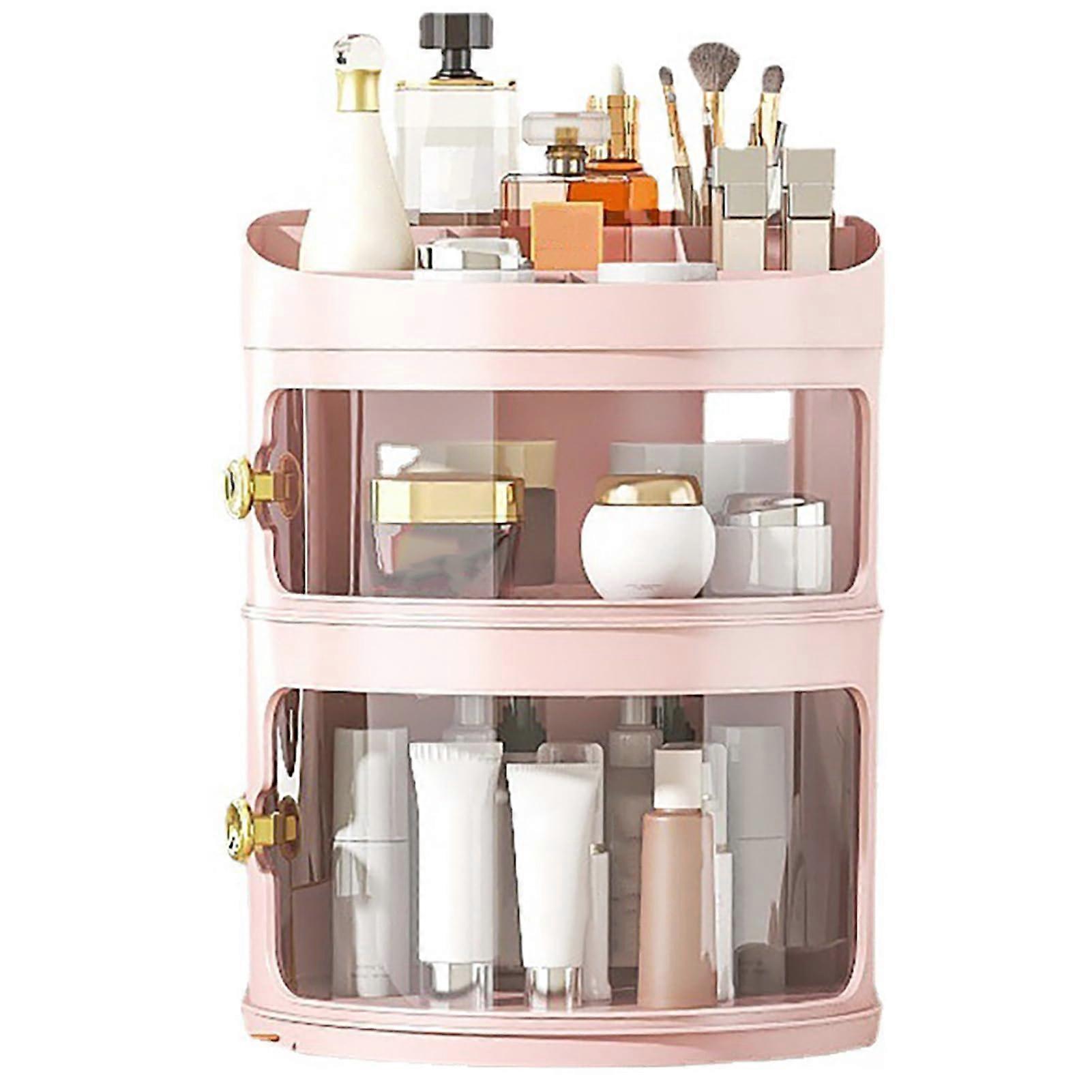 Makeup Perfume Organizer Box, Transparent Dustproof Cosmetic Display Case with Lid, Multi-Layer Round Makeup Storage (Pink)