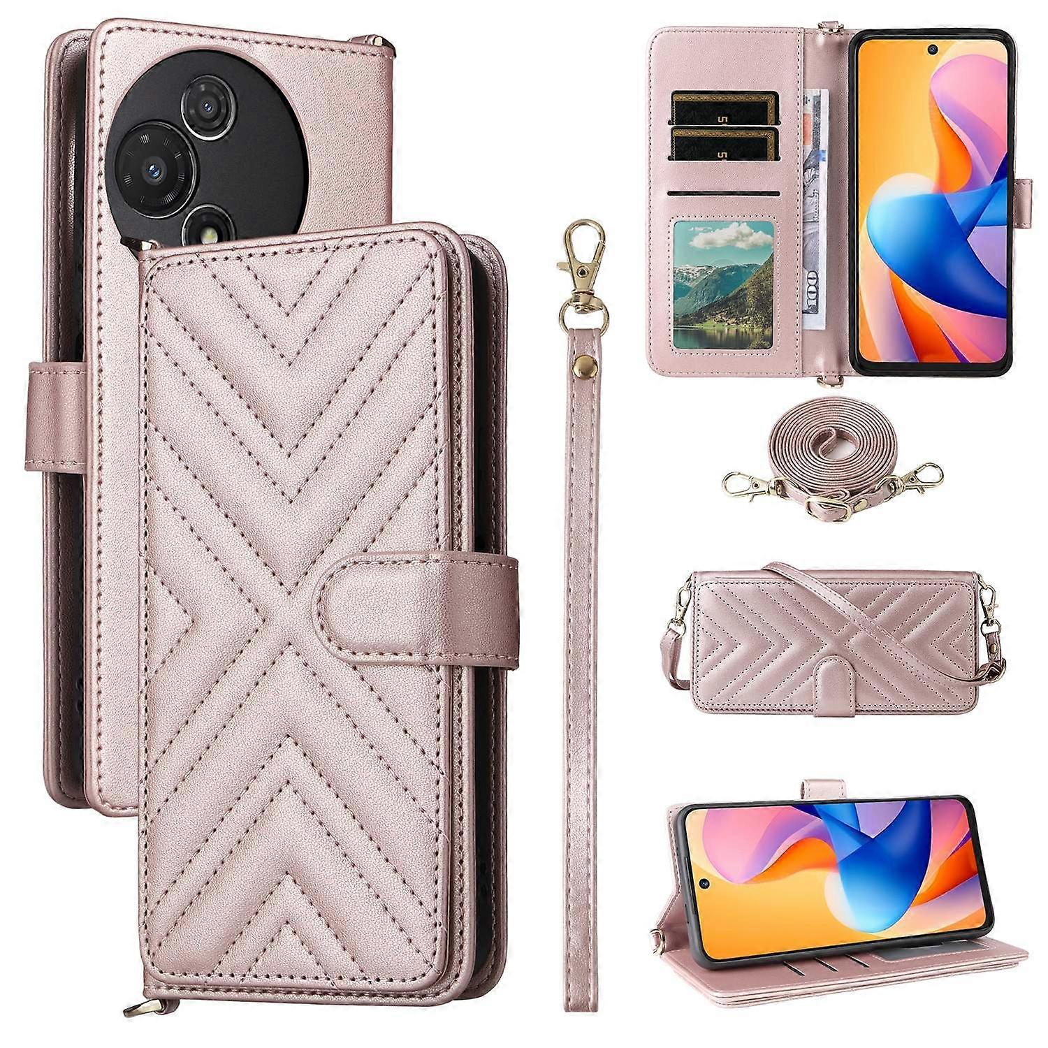 For TCL 60R 5G 60 5G Wallet Case with Shoulder Wrist Strap Leather Phone Cover Stand - Pink