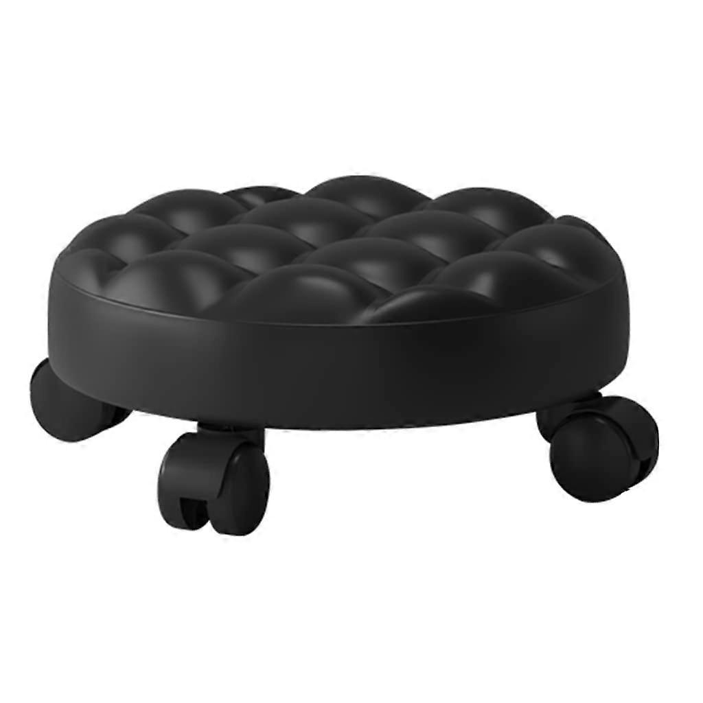 Roller Seat Short Rolling Footstool With Universal Swivel Caster Wheels PU Leather Small Stool Black