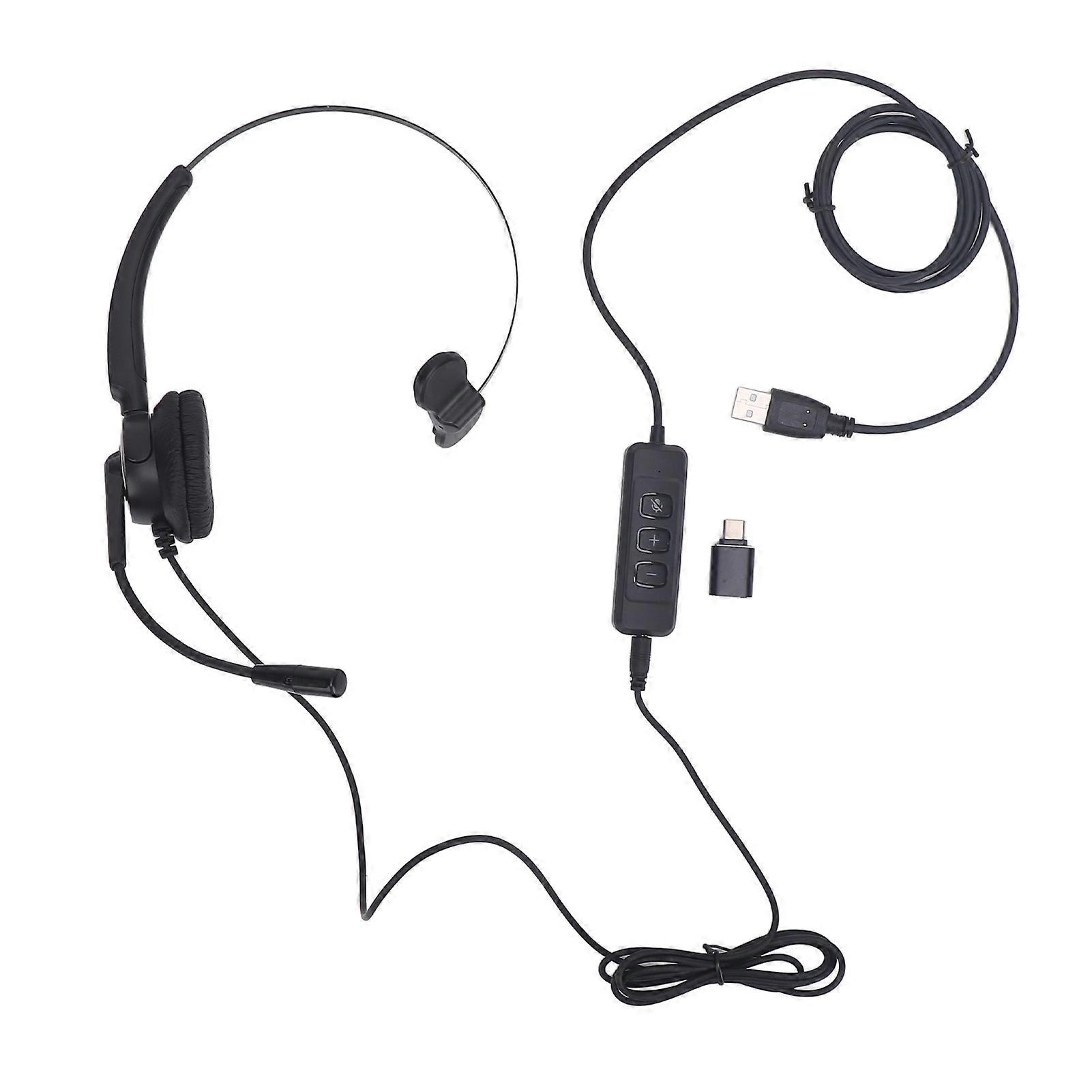Telephone Headset USB Plug Monaural Support USB to USB C 3.5mm Connector Customer Service Headphone with Mic for PC Laptop Tablet