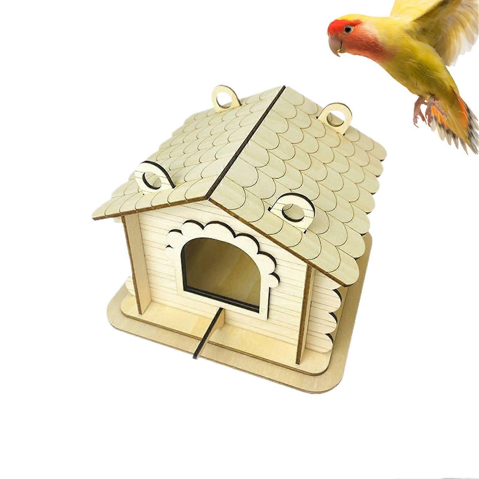 Safe birdhouse made of wood with window view  Natural rustic animal feeding station