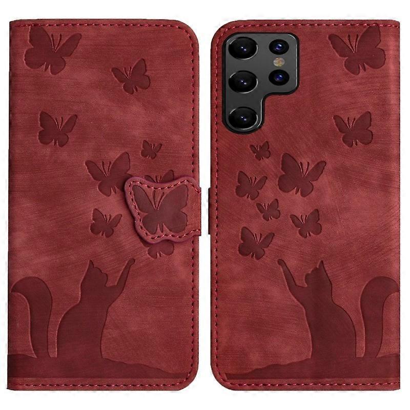Compatible For Samsung Galaxy S24 Ultra Leather Case WANLONFENG HDM Series Butterfly Cat Pattern Wallet Phone Cover