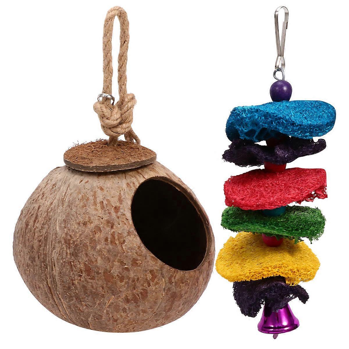 Parrot Chewing Toy Pet Birds Nest Coconut Shell Bird Nest Parrots Bite String Loofah Hand Grab Bite Toy Swing Ladder Chewing Habitat 2Pcs