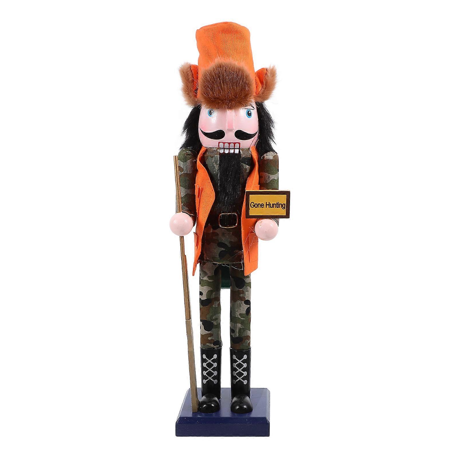Wood Nutcracker Figurine Camouflage Color Traditional Style Nut Cracking Ornament For Festival Display 38.00X9.00X8.00CM 1Pack