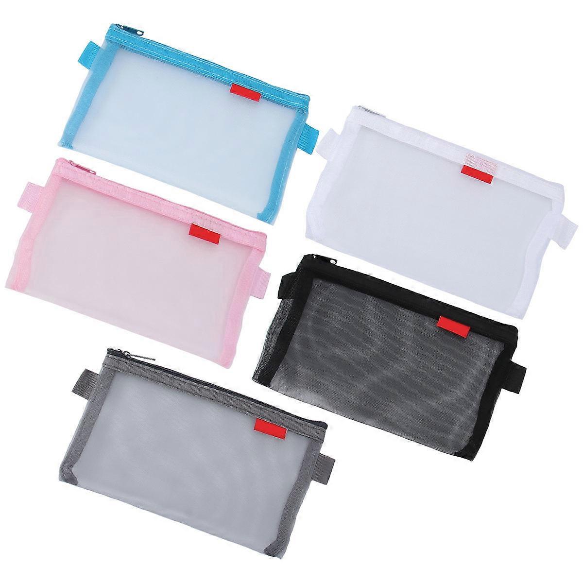 Student Storage Pencil Case Mesh Rectangular Simple Design School Office Use 5Pcs Blue