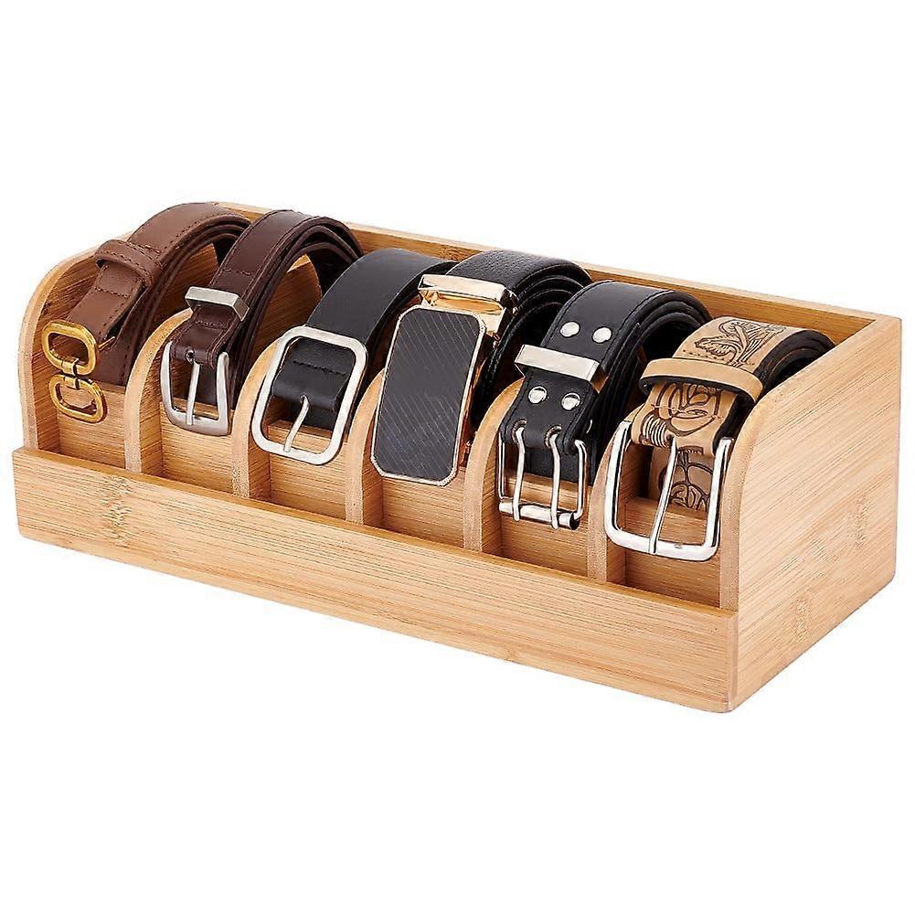 Bamboo Belt Organiser Box with 6 Dividers, Sturdy Wooden Display Case for Men's Belts