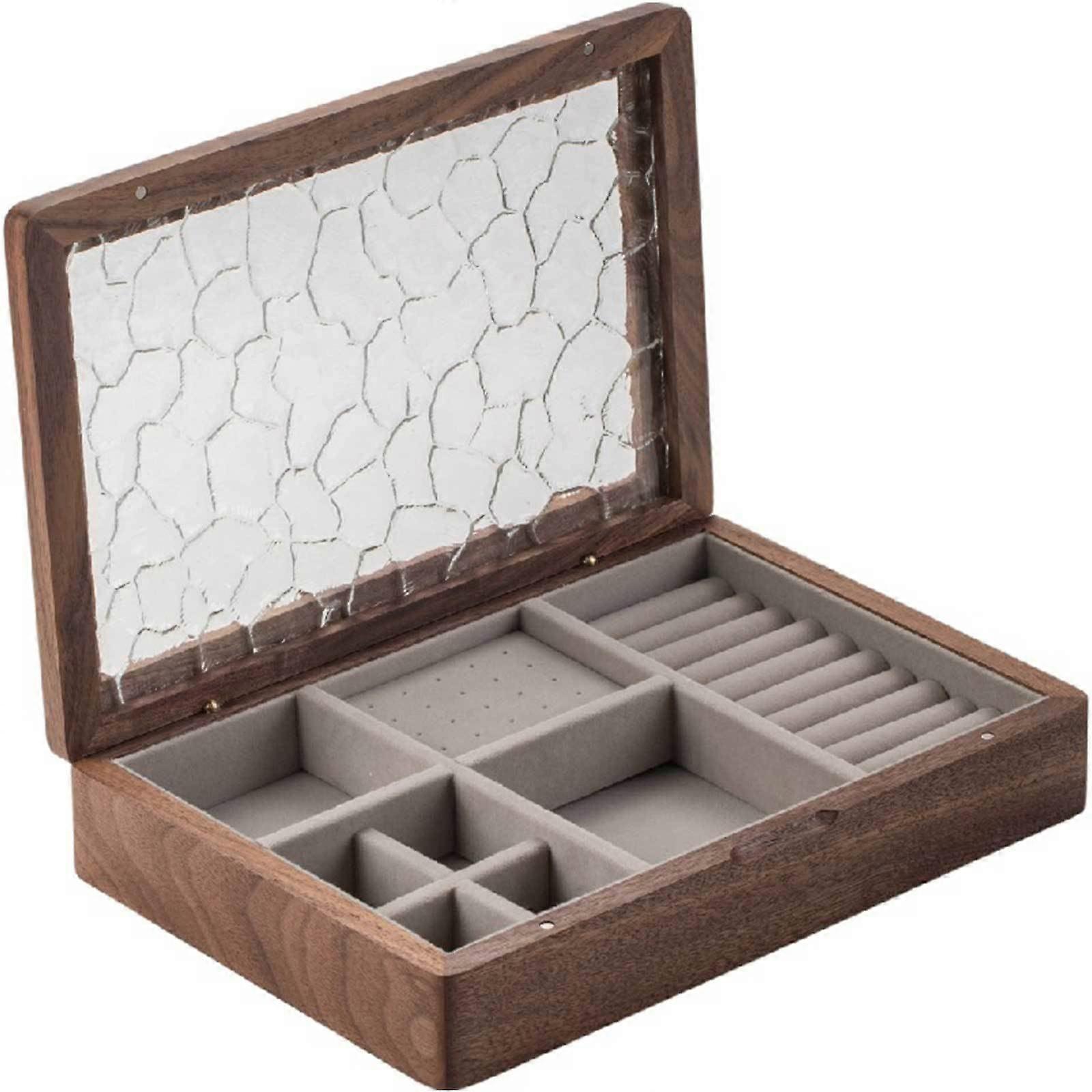 Massivholz Schmuckkästchen mit Glasdeckel, 9,5 x 6,5 x 2 Zoll, Walnussfarbe, Samtinnenseite, Organizer, Aufbewahrungskoffer