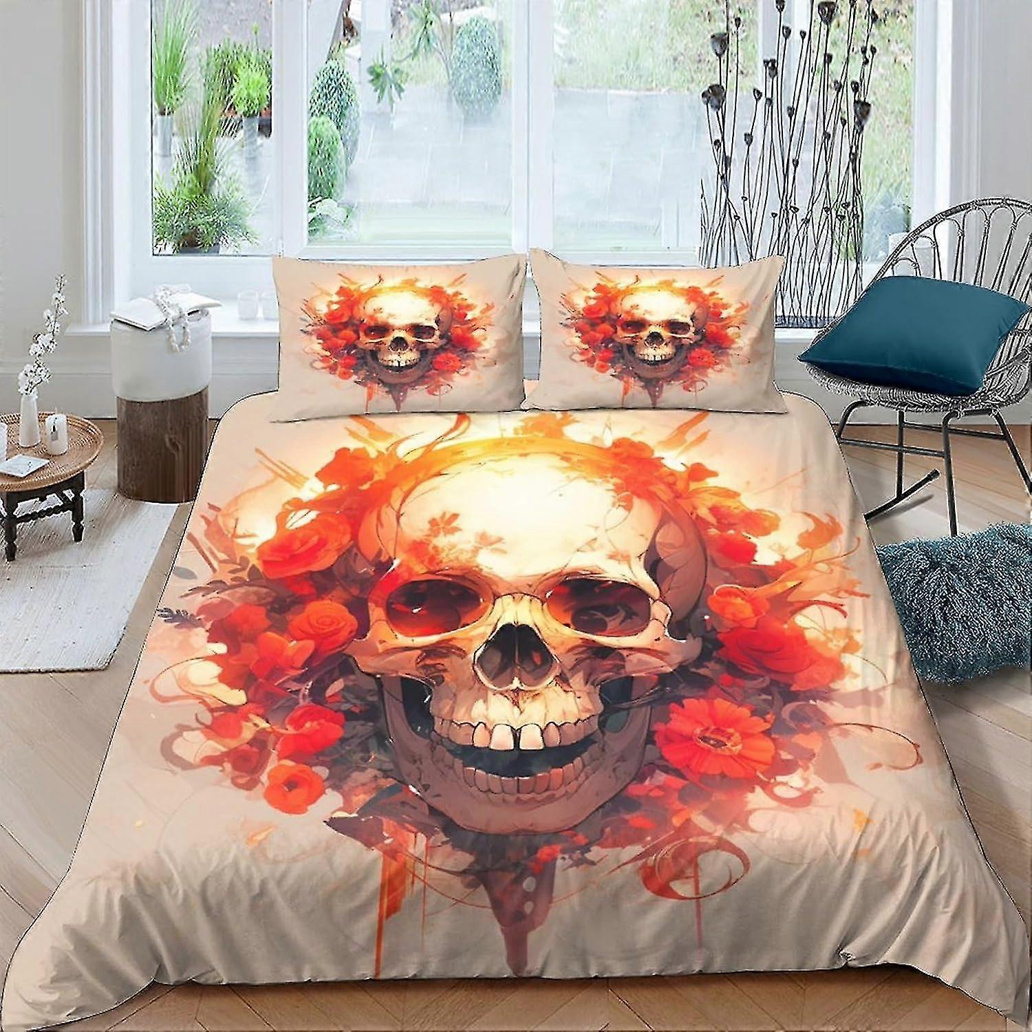 Gothic Style Skull Bedding Set 3 Pcs with Zipper Closure Pillowcase Double Microfiber Polyester Quilt Cover
