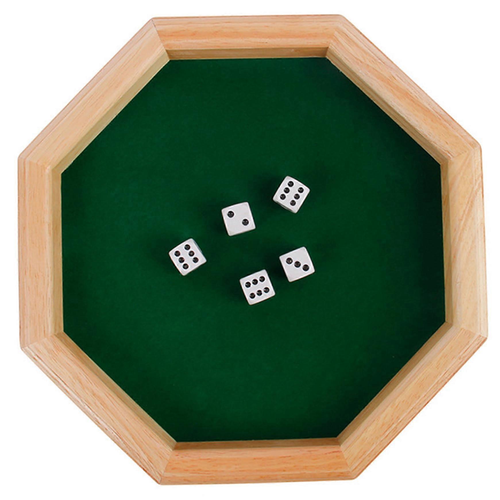 Octagonal wooden cube tray with a tactile rolling surface and base for tabletop games