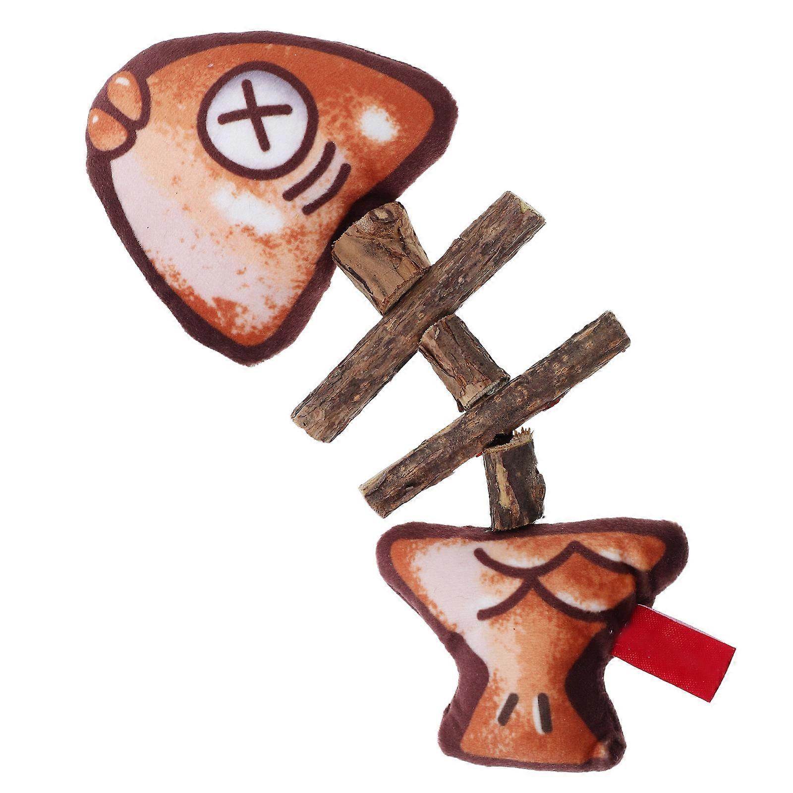 Light Brown Plush and Wood Cat Toy for Teeth Cleaning and Interactive Play Fish Bones Design