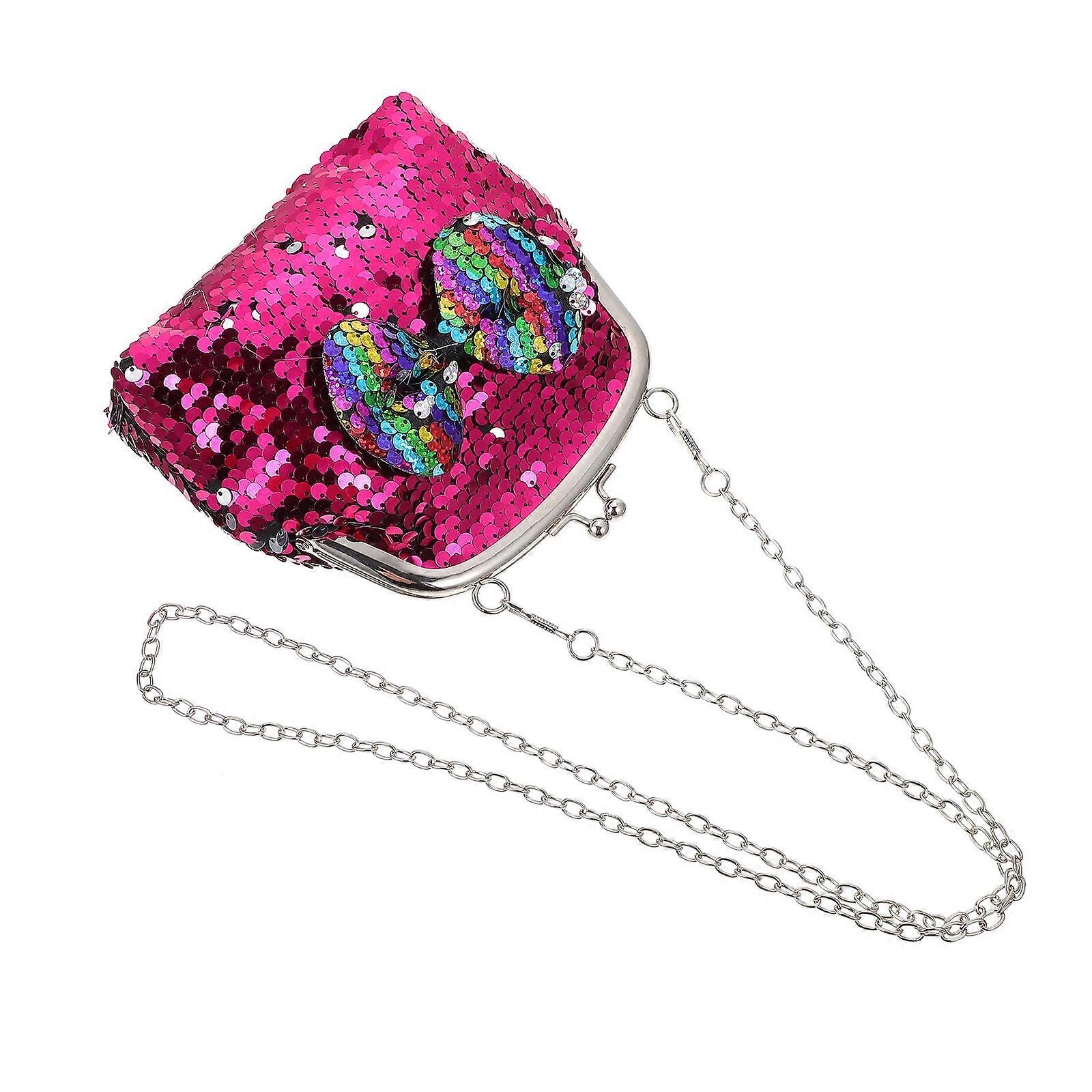 Glitter Bag Bowknot Design Single Shoulder Bag Casual Use 5.9X5.9X1.6In Rosy Storage 1Pc