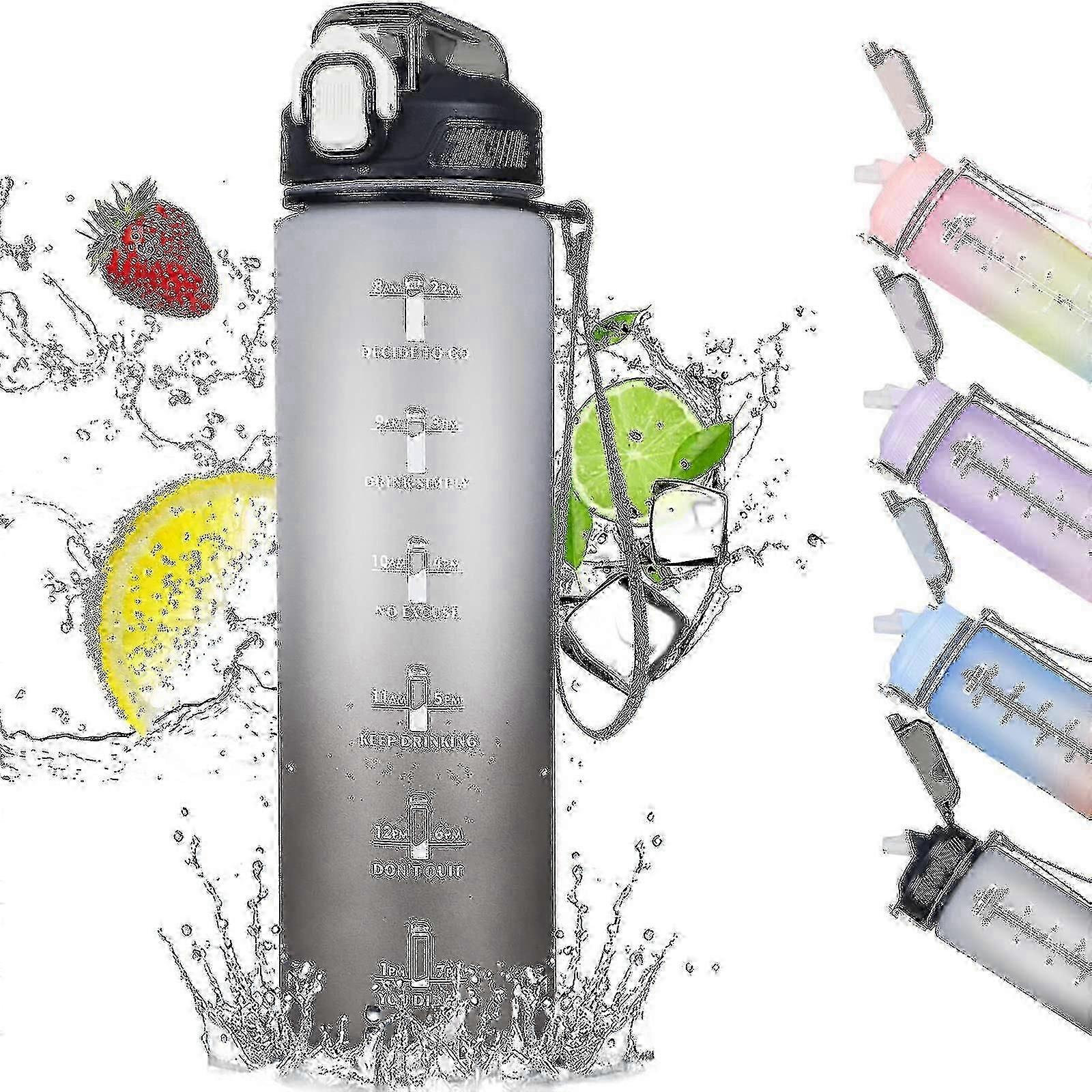 Sports Water Bottle With Straw, 1 Litre Motivational Leakproof Water Bottle With Time Markings