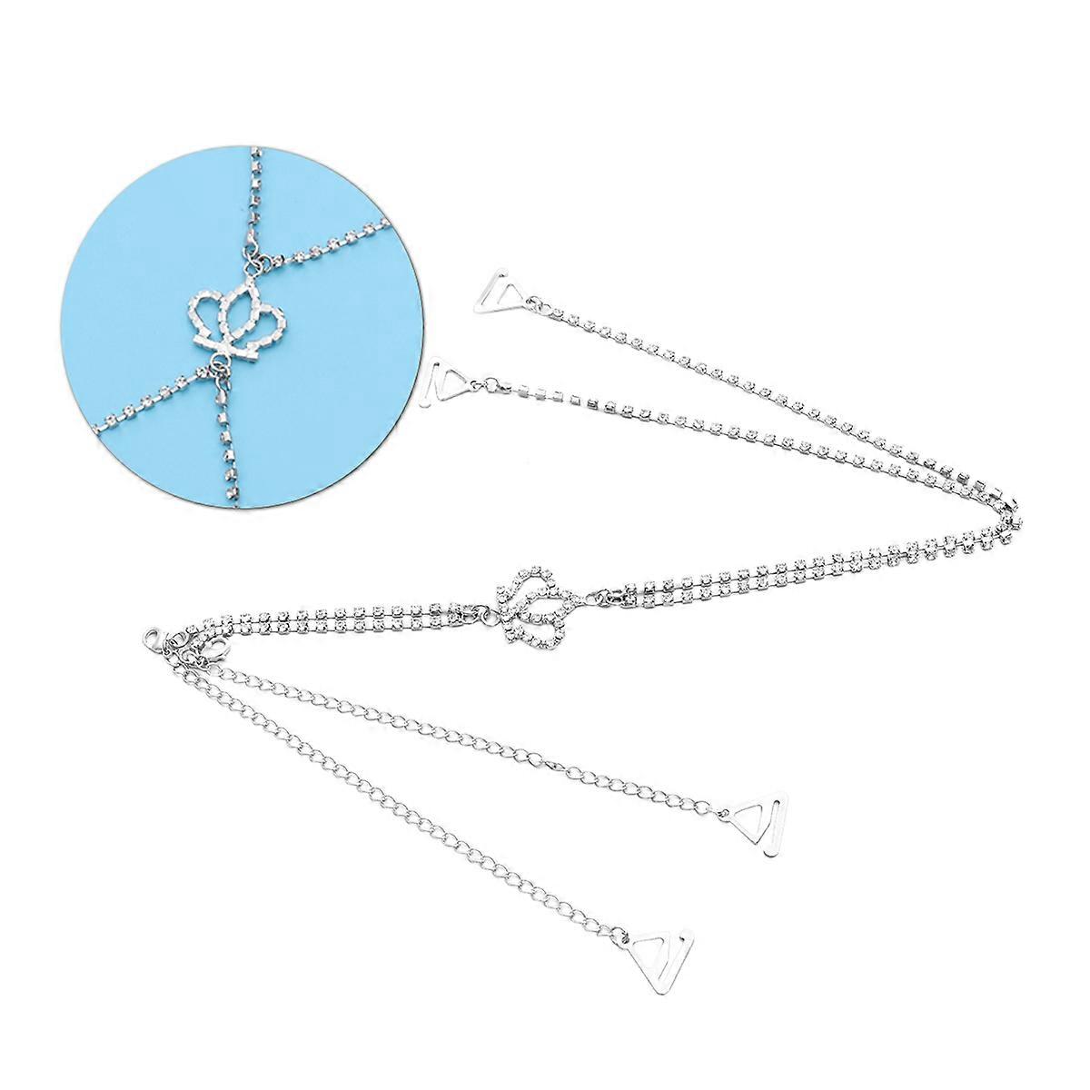 Women White Shiny Rhinestone Bra Straps with Metal Hooks for Decorative Use 7 Inches Wide