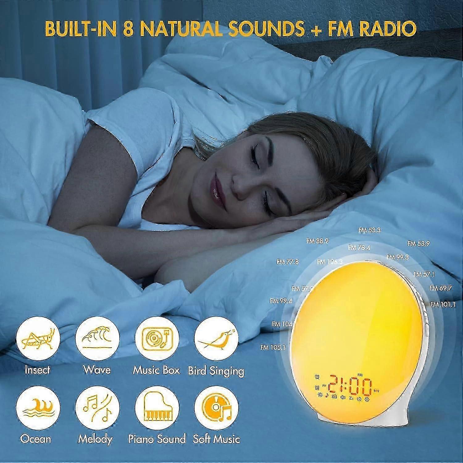 Sunrise Alarm Clock, Full Screen Wake Up Light with Sunrise Simulation, Dual Alarms, FM Radio, 8 Nat
