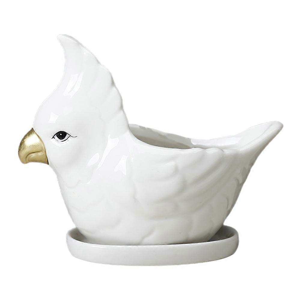 Ceramic Flowerpot Cartoon Parrot for Decor 1Set with Tray