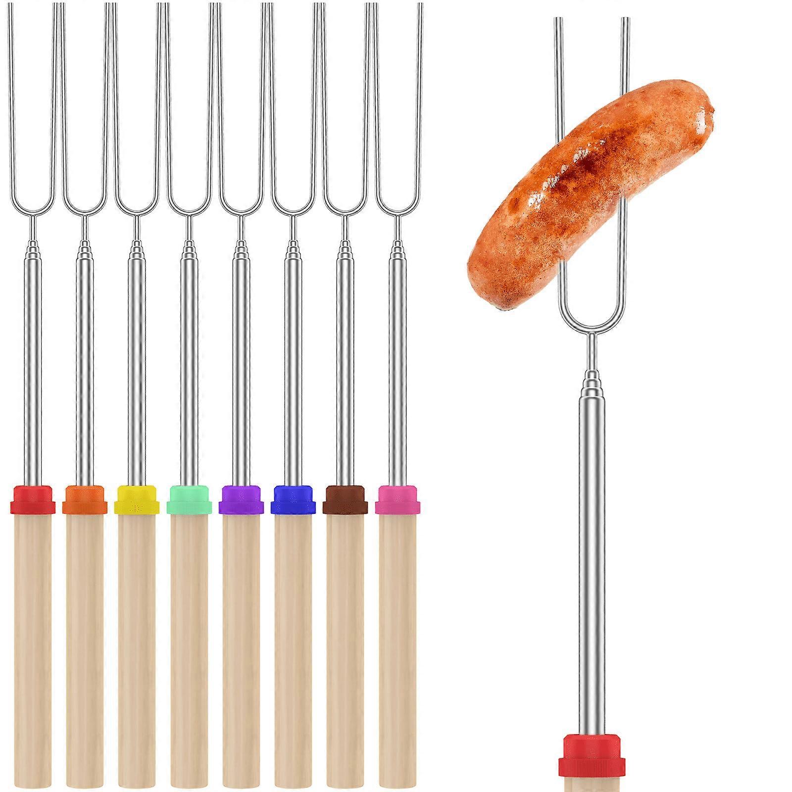 8 Pack Wooden Handle Extendable Marshmallow Roasting Sticks, 32in Telescoping Skewers for Campfire Smores