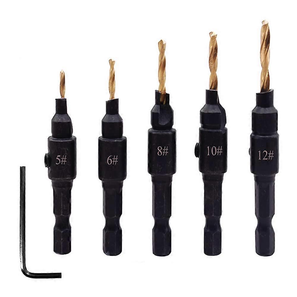 Countersink Drill Bit Set 5-Piece High-Speed Steel Coated for Woodworking and Carpentry