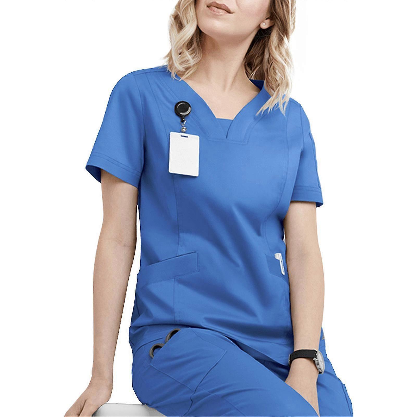 Women Solid Uniform Breathable With Pockets Soft Short Sleeves Scrub Top