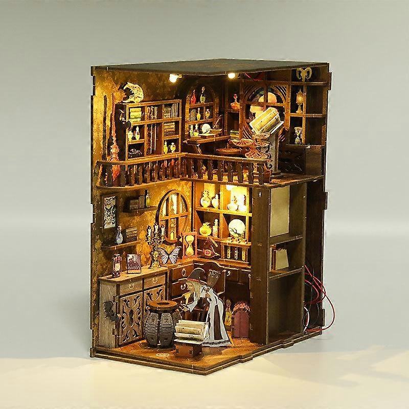3D Wooden Puzzle Bookends, 2025 New DIY Book Nook Kit, Magic Book House Model Building Kit Insert Decor with Sensor Light