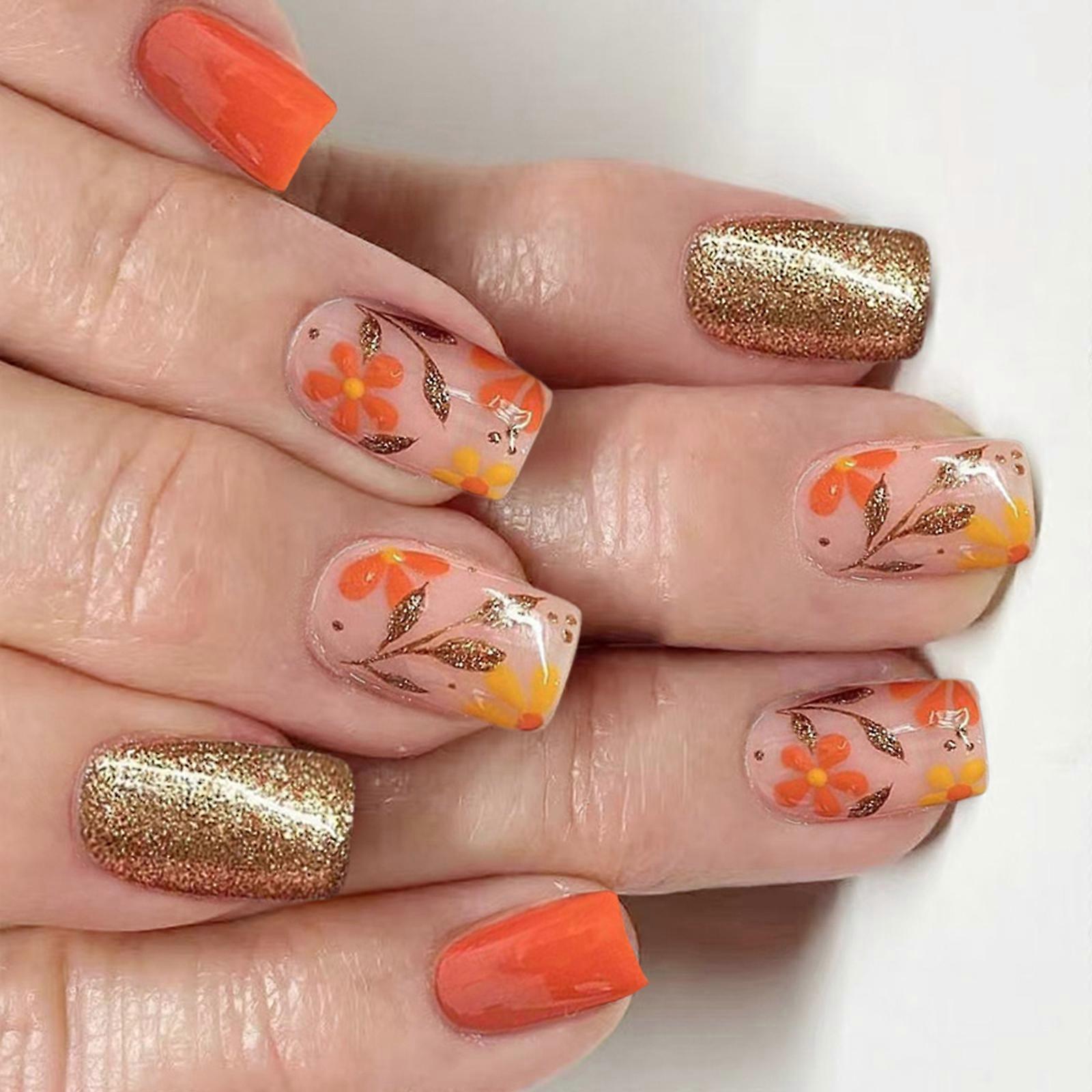 Glittering Flower Faux Nail Tips 24Pcs Artificial Fingernails Short Rectangular Press on Tips Not Need Equipment Multicolor