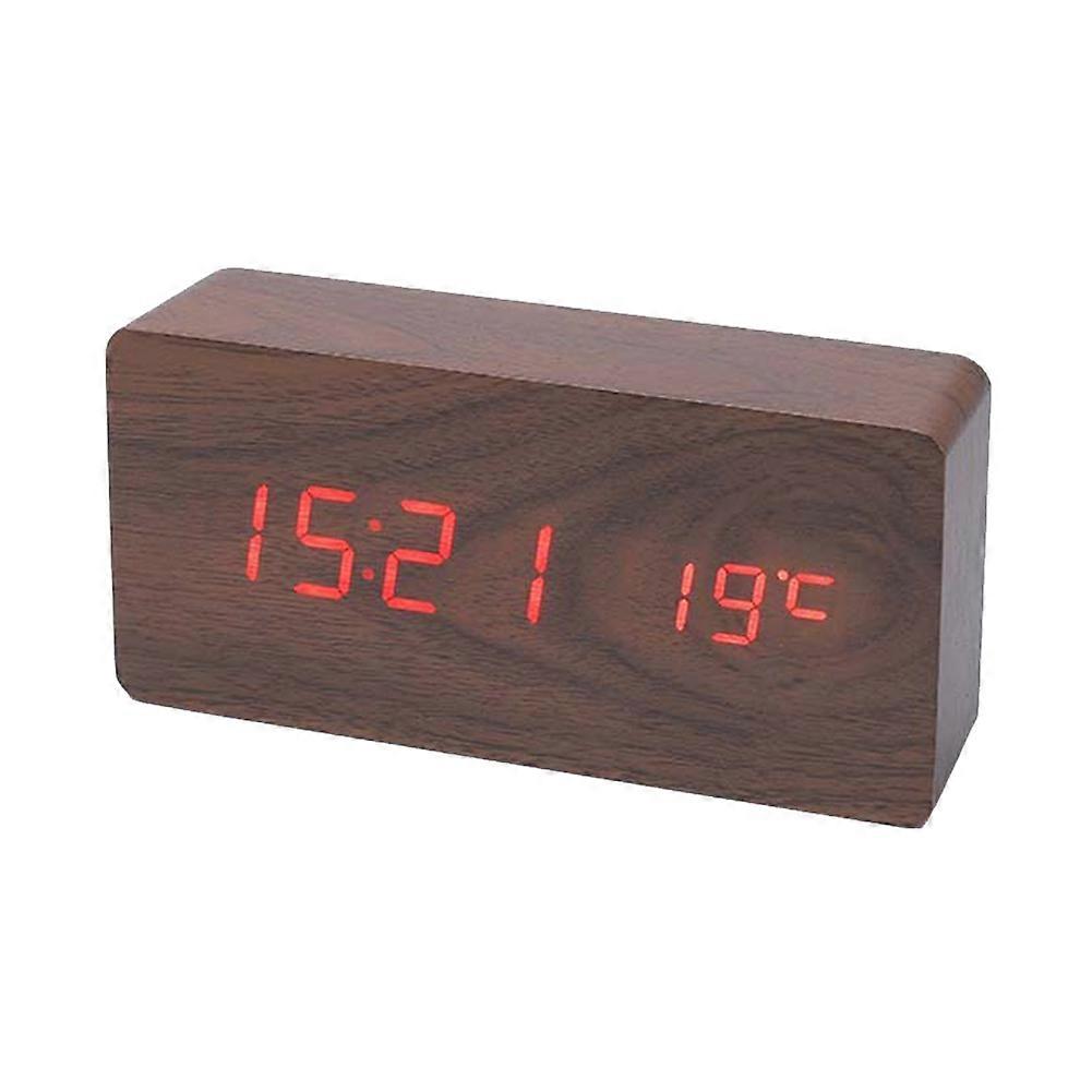 Wooden Digital Alarm Clock, LED Alarm Clock with Temperature Desk Clocks for Office, Bedside Clock Dark Wood