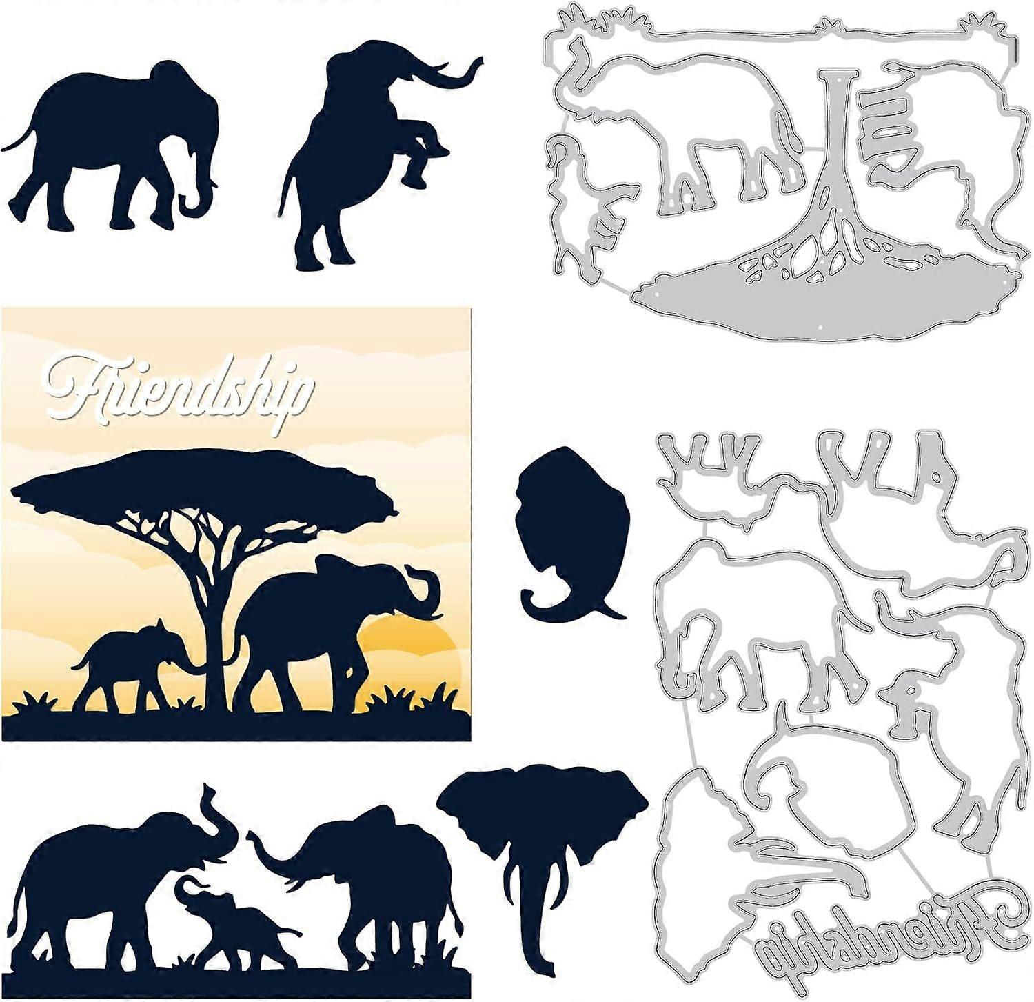 2 Styles Elephant Silhouette Pattern Carbon Steel Cutting Dies Friendship Frame Background Embossing Template for Making Photo Decorative Paper Scrapb