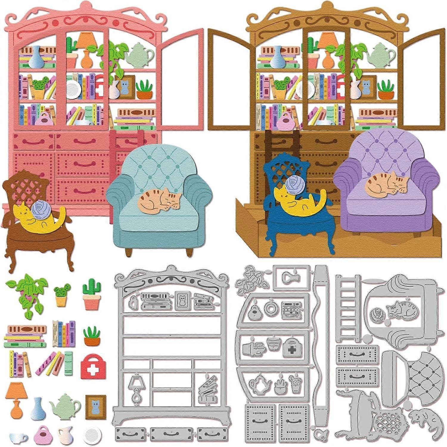 Retro Bookshelf Cutting Dies for DIY Scrapbooking Metal Sofa Cat Cut Dies Photo Frames Die Cuts for Card Making Embossing Photo Album Craft Decor