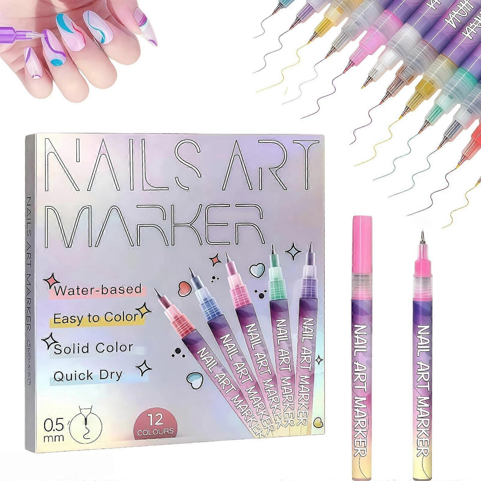 Nail Art Pens 12Color Set with Ultrafine Precision Tip and QuickDry Formula for DIY Designs