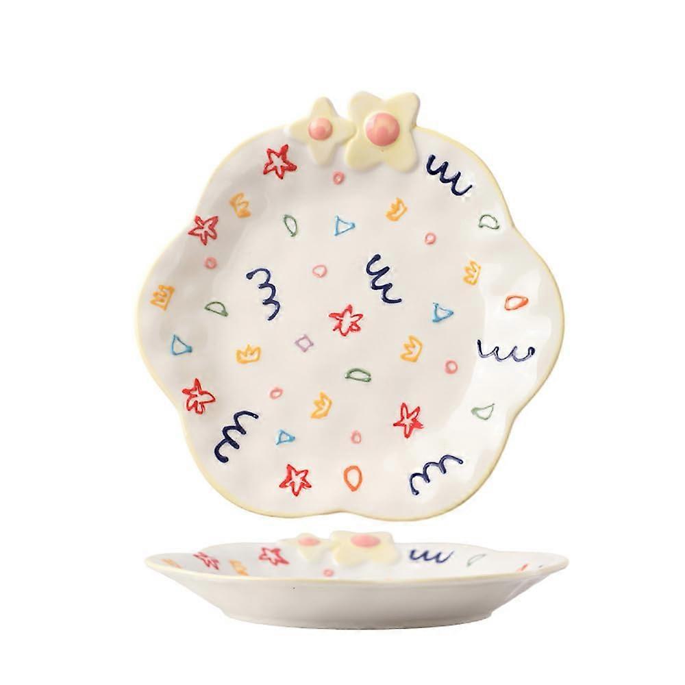 Ceramic Dinner Plate 8 Inch HandPainted Embossed Flower Pattern Salad Pasta Snack Crown Design