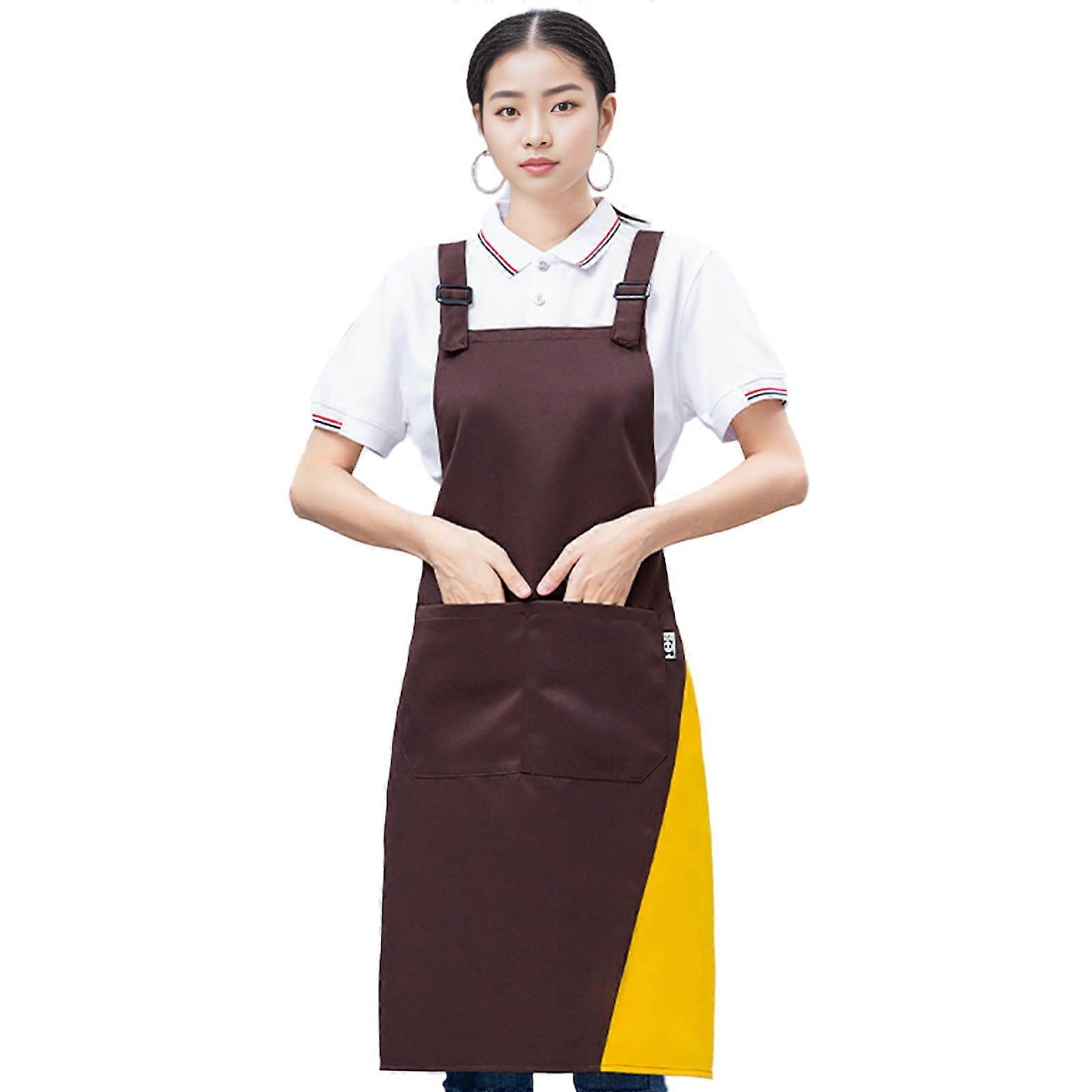 Waterproof Chef Apron with Adjustable Neck Strap and Large Pockets for Kitchen Baking BBQ Brown